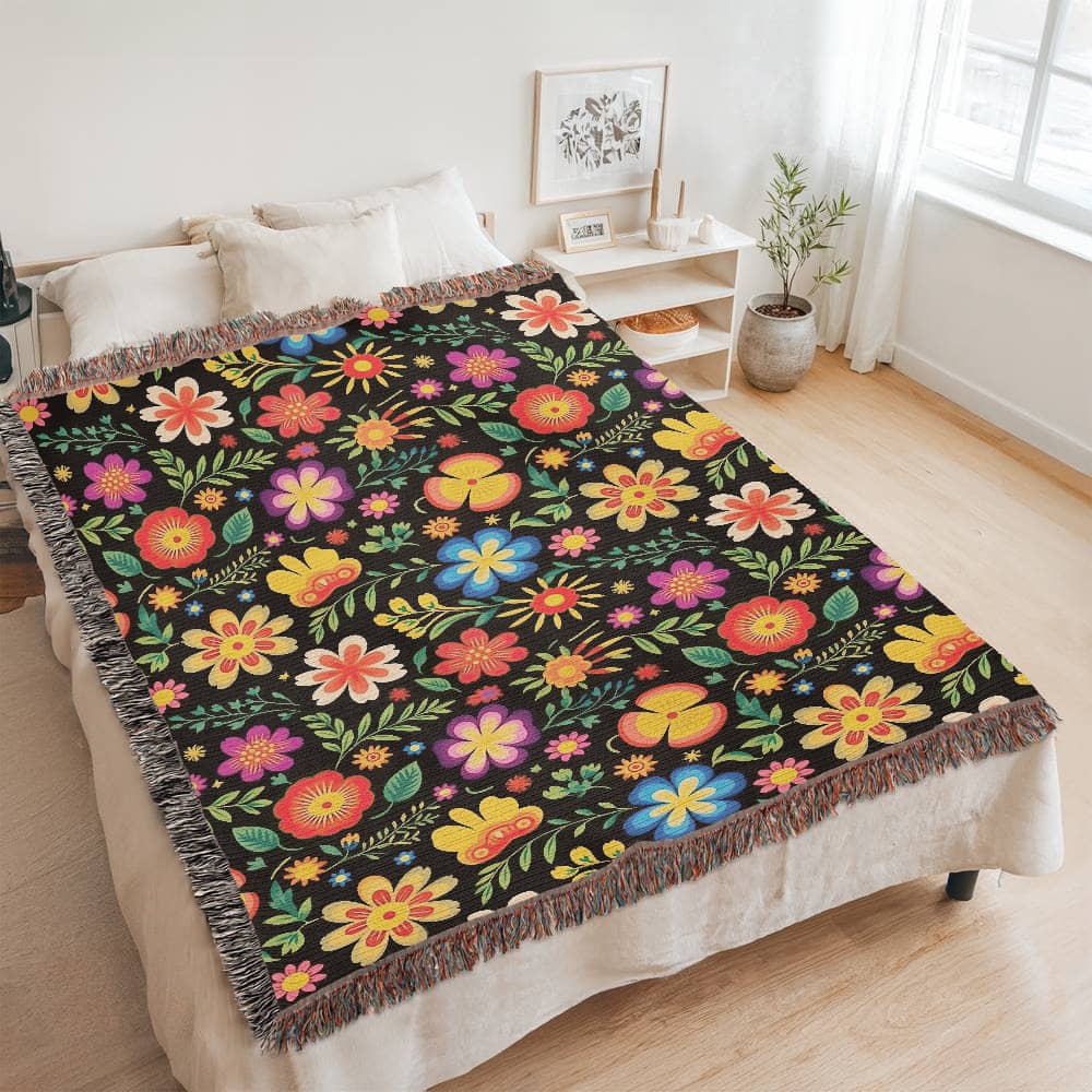 Mexican Floral Fiesta Pattern 032 - 60" x 80" Heirloom Woven Blanket