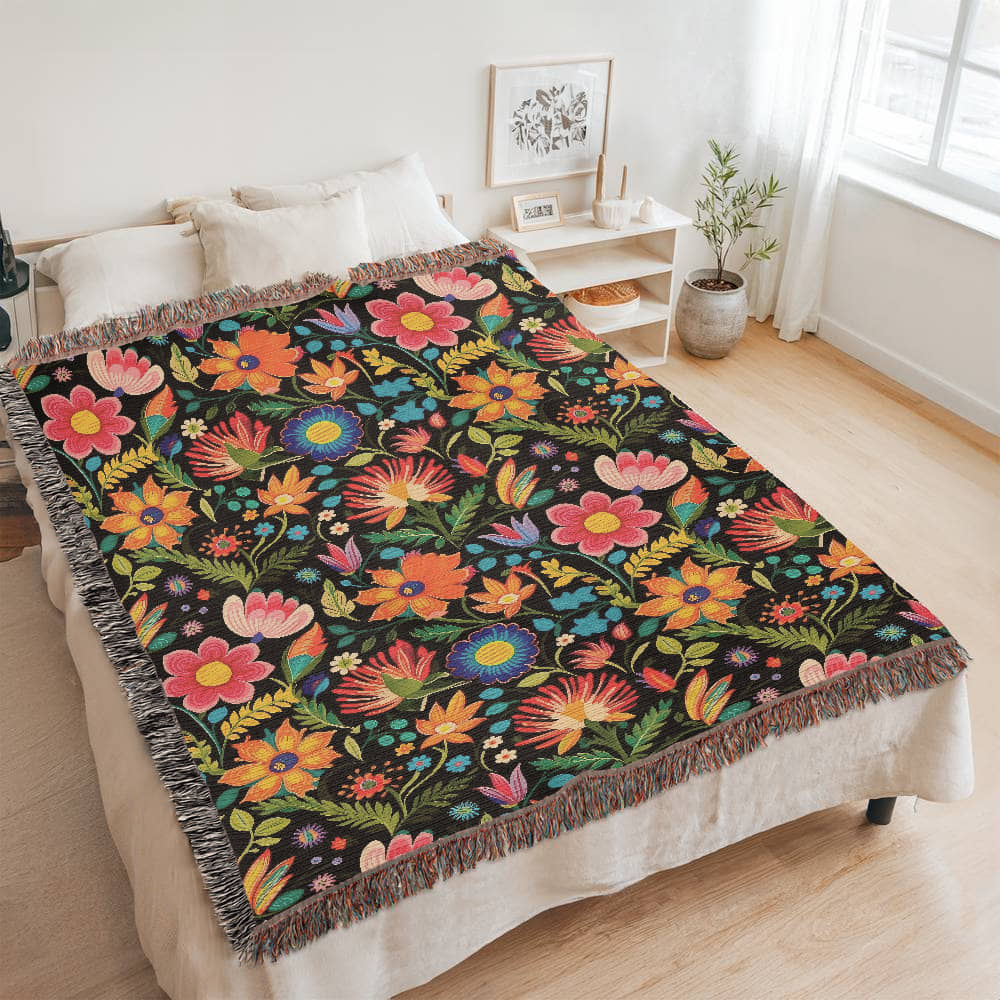 Mexican Floral Fiesta Pattern 039 - 60" x 80" Heirloom Woven Blanket