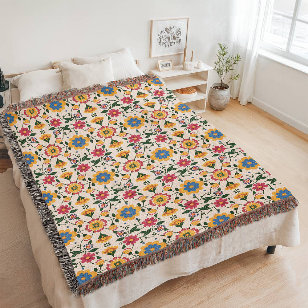 Mexican Floral Fiesta Pattern 018 - 60" x 80" Heirloom Woven Blanket