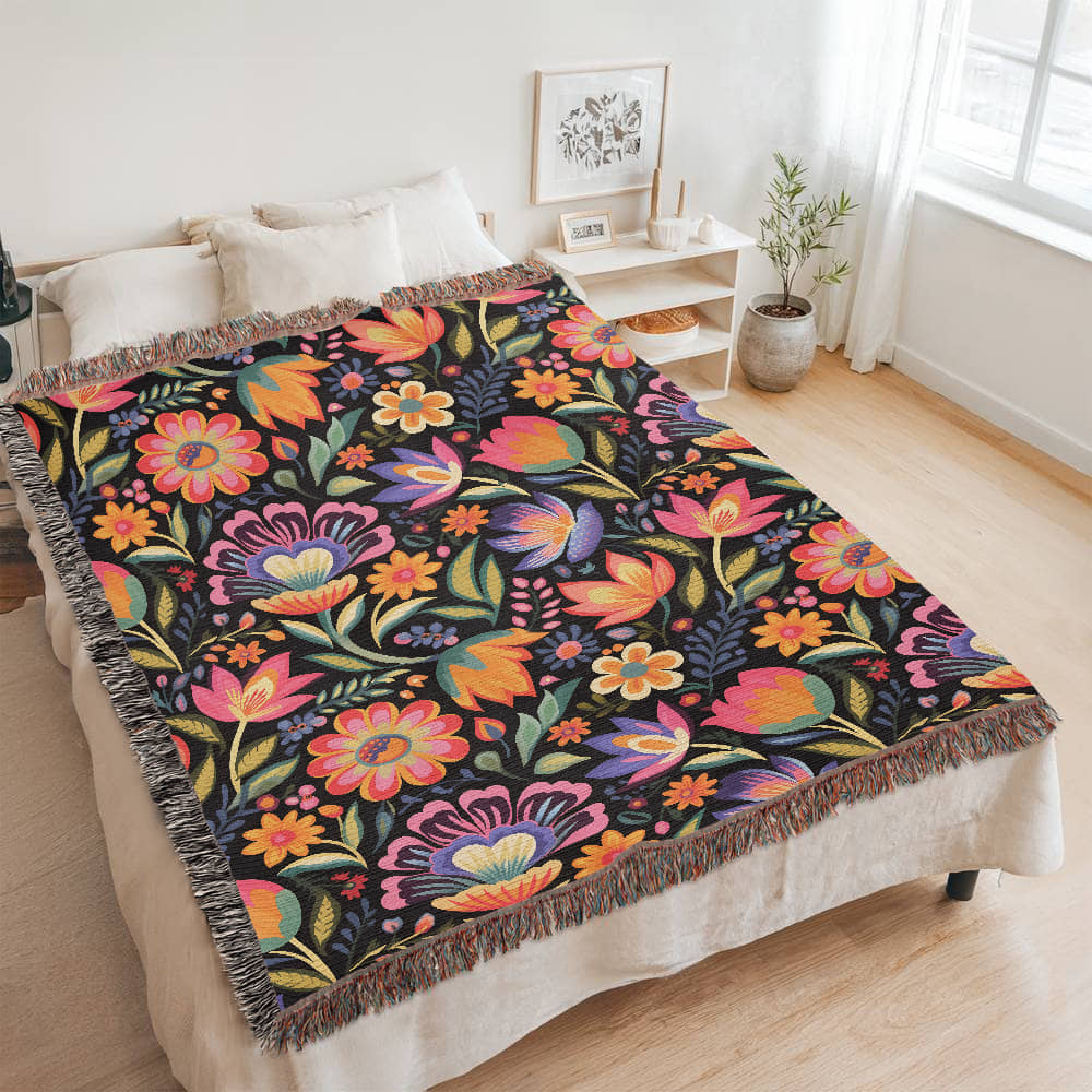 Mexican Floral Fiesta Pattern 052 - 60" x 80" Heirloom Woven Blanket