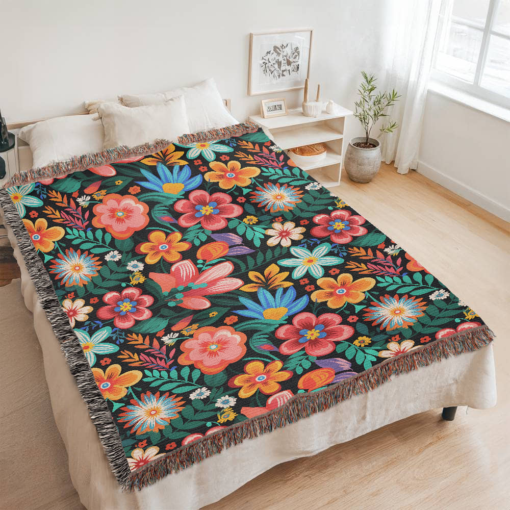 Mexican Floral Fiesta Pattern 054 - 60" x 80" Heirloom Woven Blanket