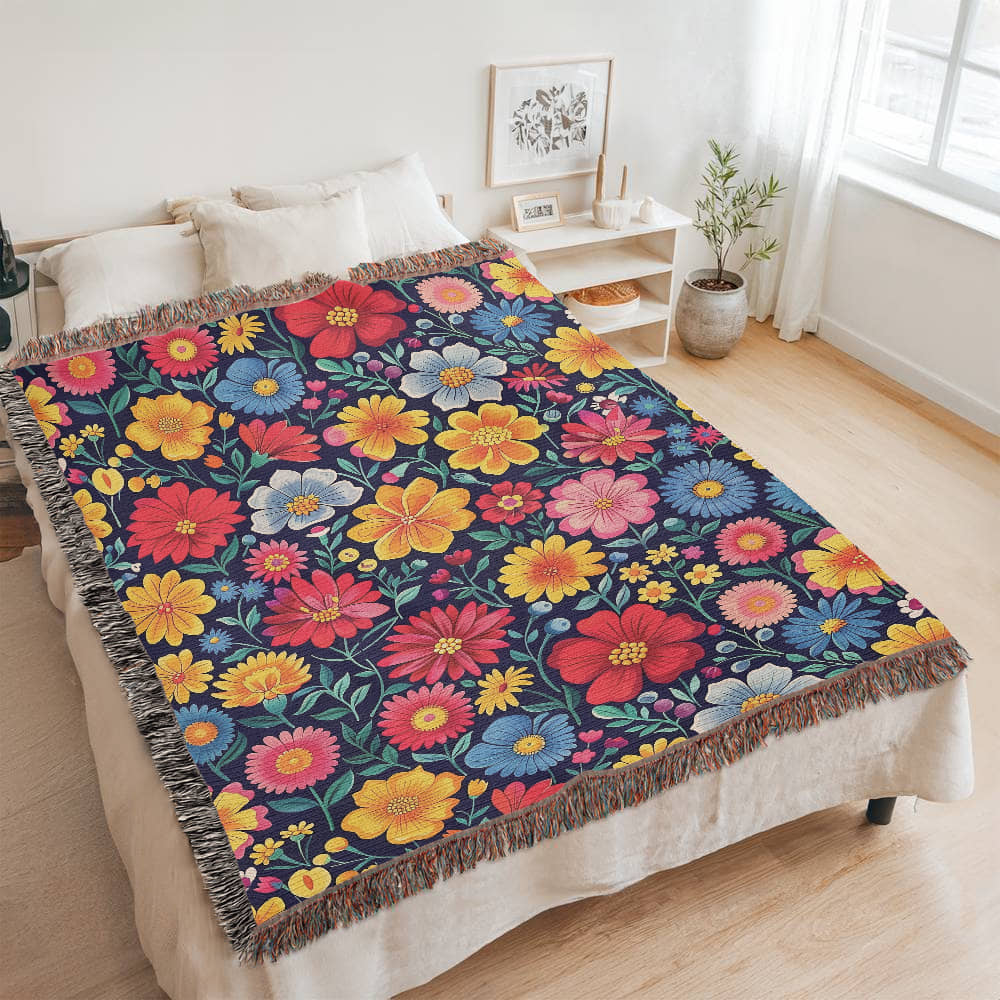 Mexican Floral Fiesta Pattern 048 - 60" x 80" Heirloom Woven Blanket