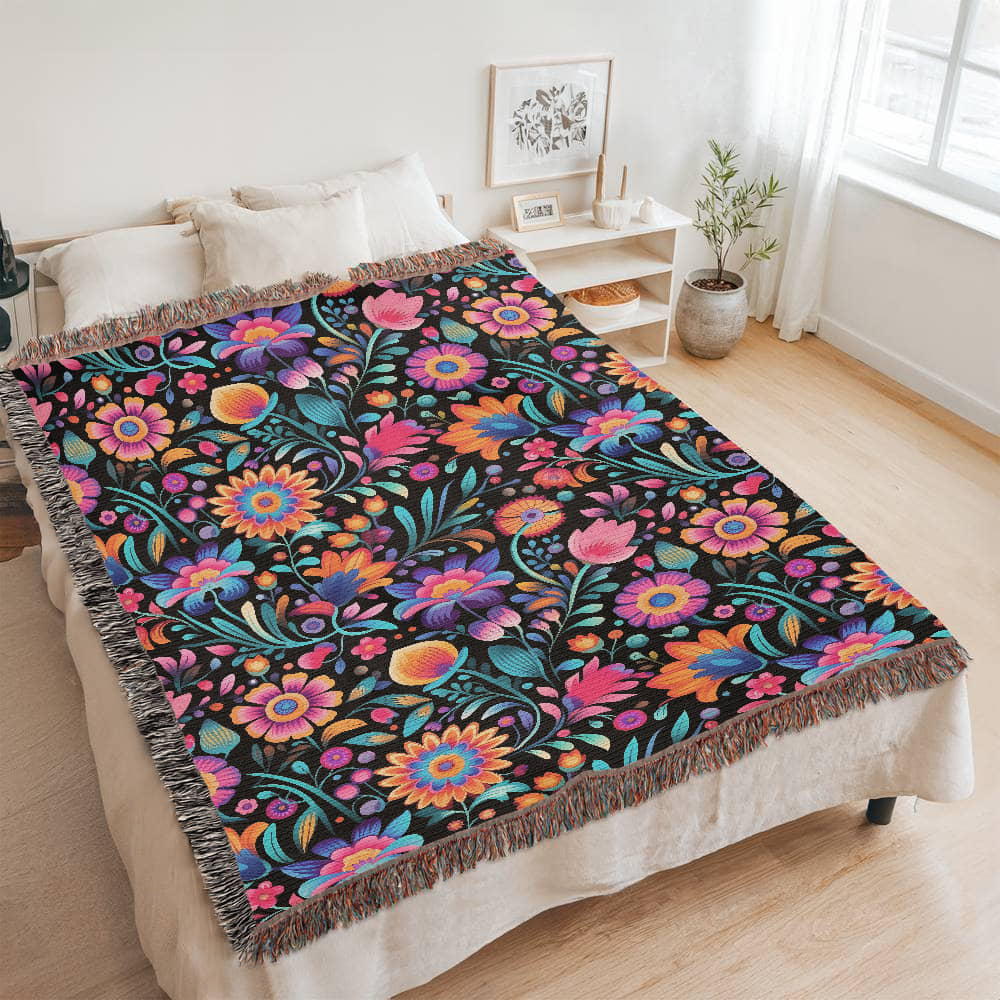Mexican Floral Fiesta Pattern 057 - 60" x 80" Heirloom Woven Blanket