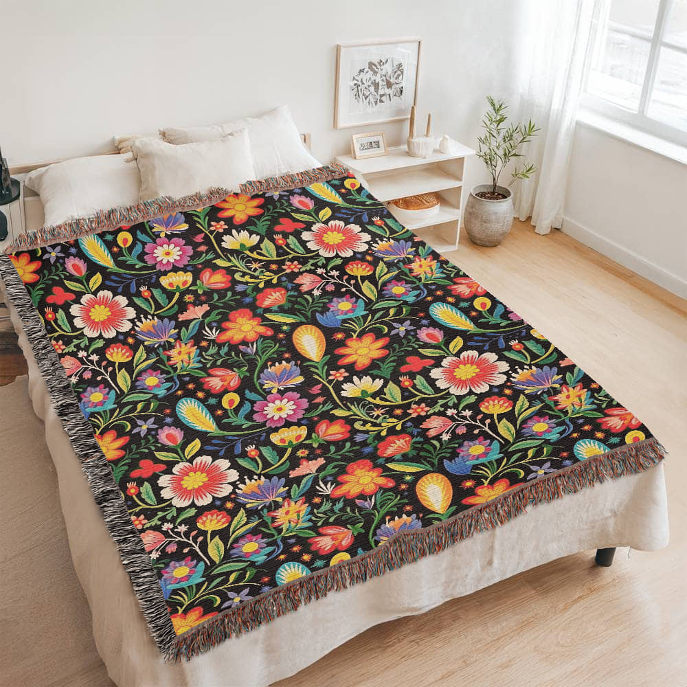 Mexican Floral Fiesta Pattern 038 - 60" x 80" Heirloom Woven Blanket