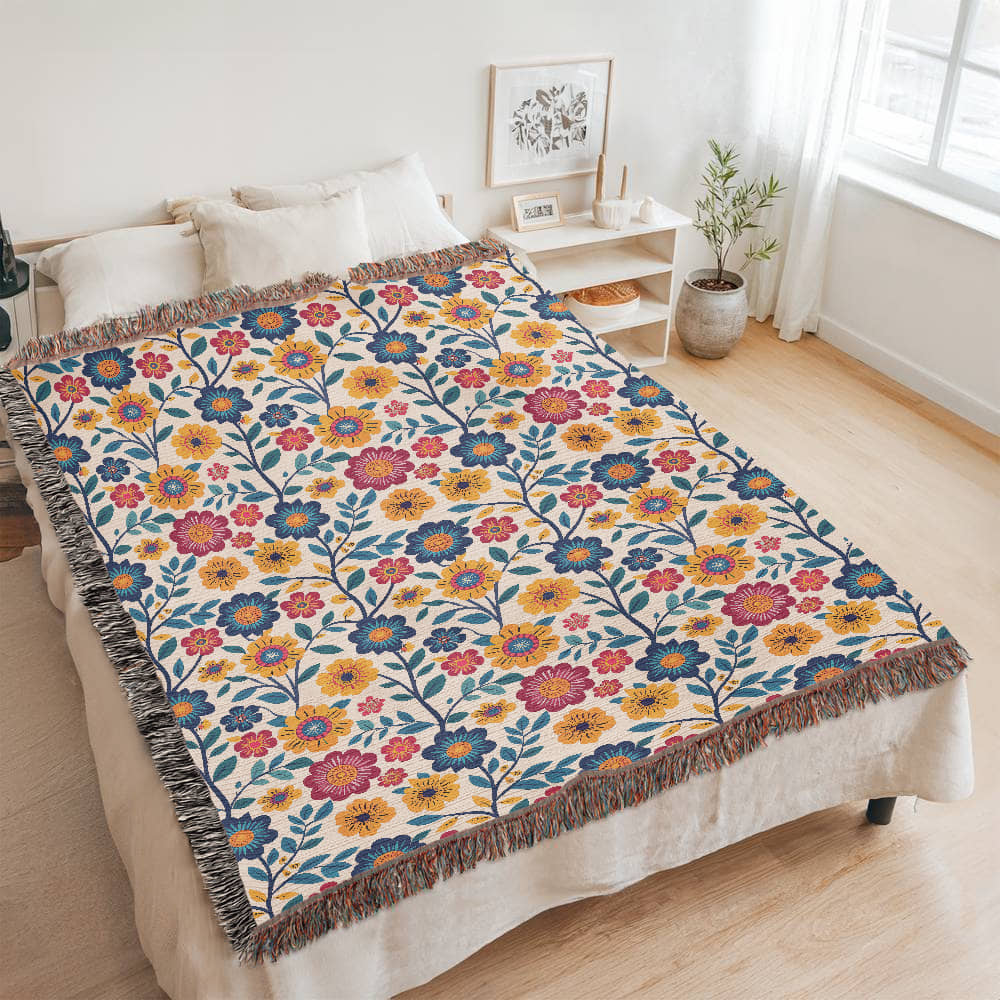 Mexican Floral Fiesta Pattern 002 - 60" x 80" Heirloom Woven Blanket