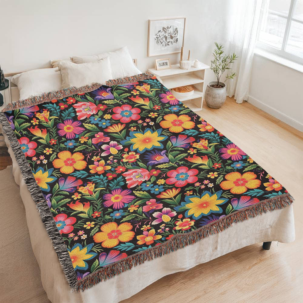 Mexican Floral Fiesta Pattern 030 - 60" x 80" Heirloom Woven Blanket