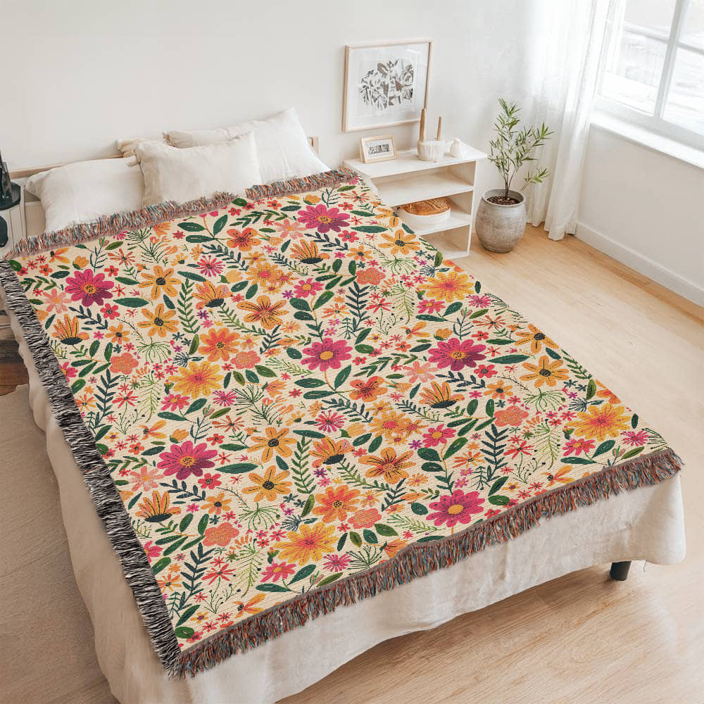 Mexican Floral Fiesta Pattern 004 - 60" x 80" Heirloom Woven Blanket
