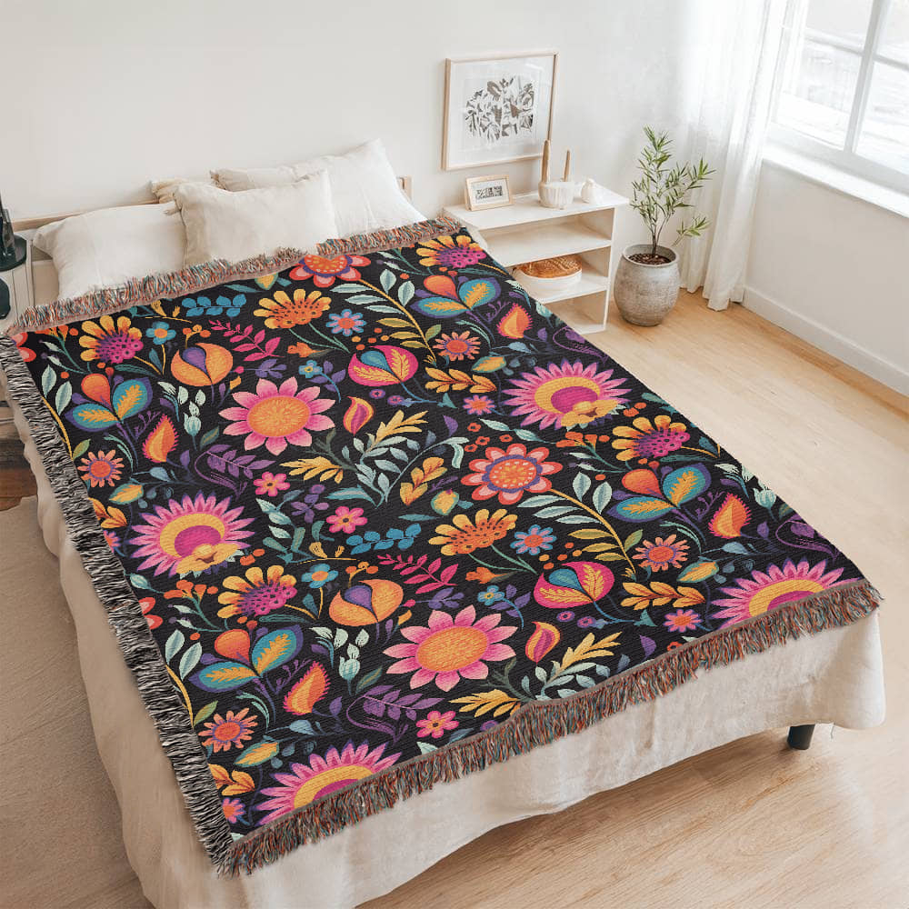Mexican Floral Fiesta Pattern 058 - 60" x 80" Heirloom Woven Blanket