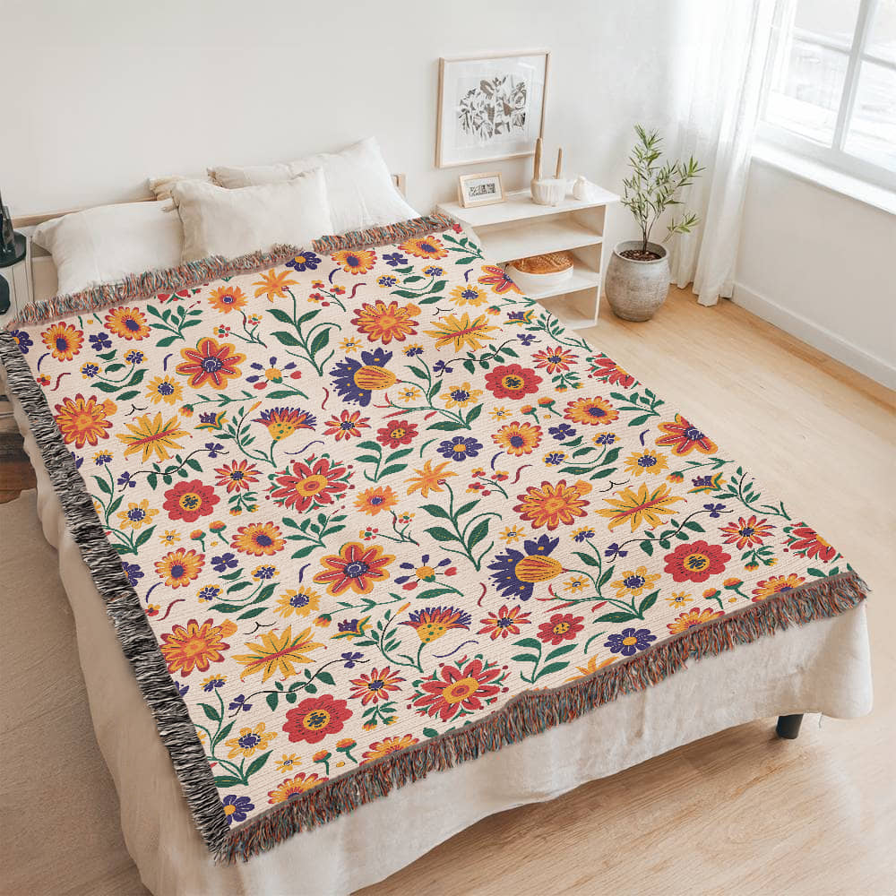 Mexican Floral Fiesta Pattern 024 - 60" x 80" Heirloom Woven Blanket