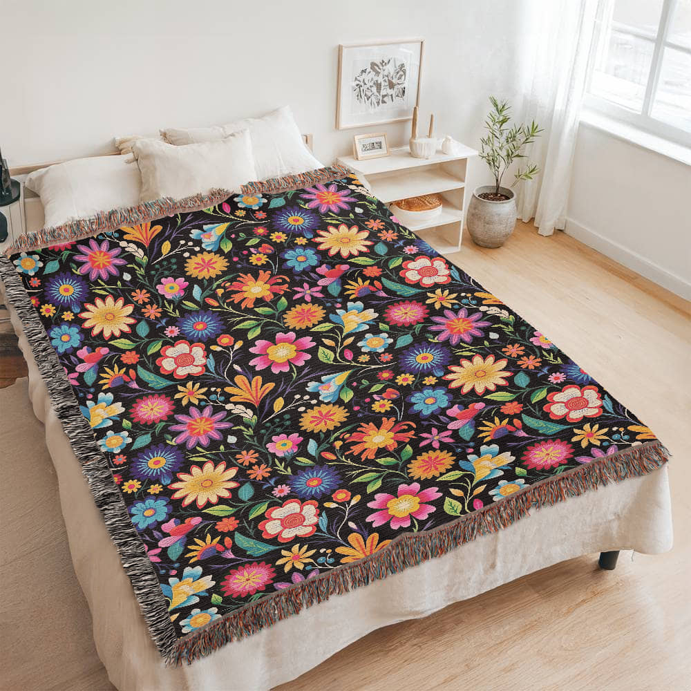 Mexican Floral Fiesta Pattern 028 - 60" x 80" Heirloom Woven Blanket