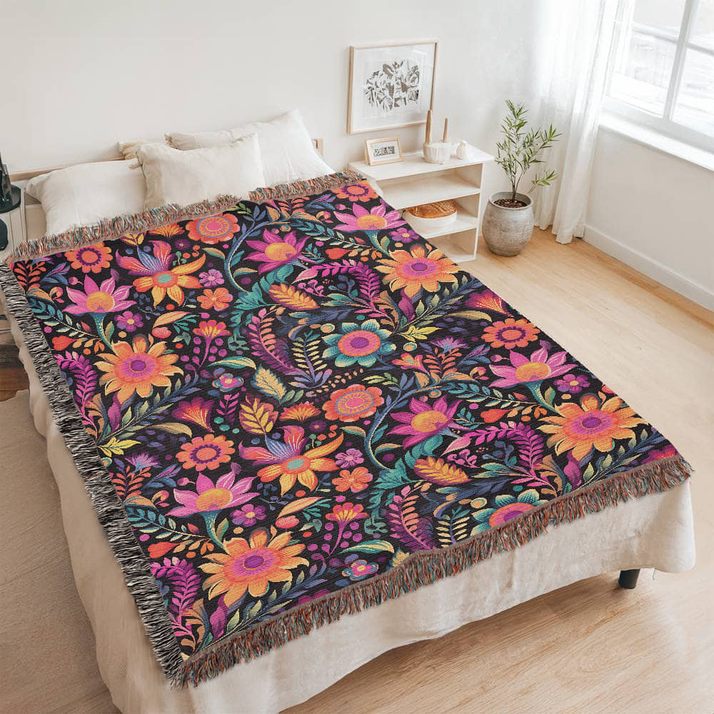 Mexican Floral Fiesta Pattern 059 - 60" x 80" Heirloom Woven Blanket