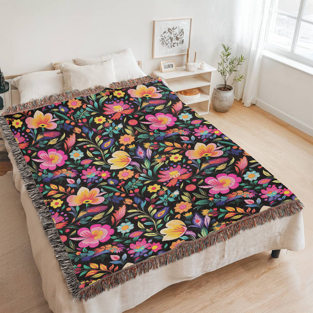 Mexican Floral Fiesta Pattern 031 - 60" x 80" Heirloom Woven Blanket