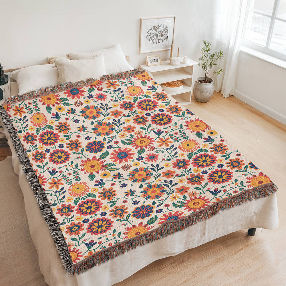 Mexican Floral Fiesta Pattern 026 - 60" x 80" Heirloom Woven Blanket