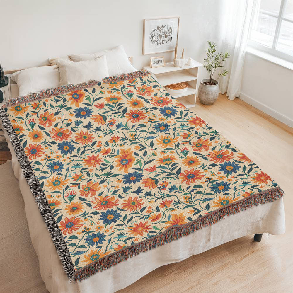 Mexican Floral Fiesta Pattern 012 - 60" x 80" Heirloom Woven Blanket