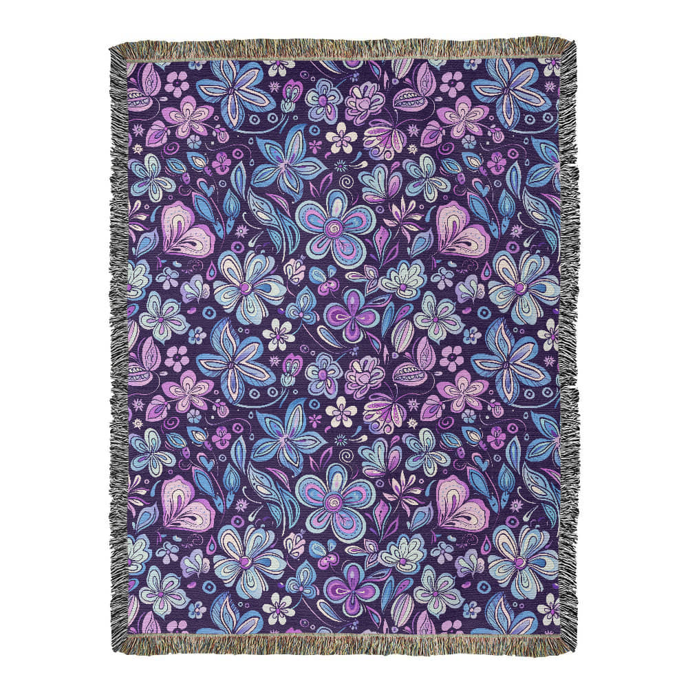 Blue And Purple Floral Pattern 001 - 60" x 80" Heirloom Woven Blanket