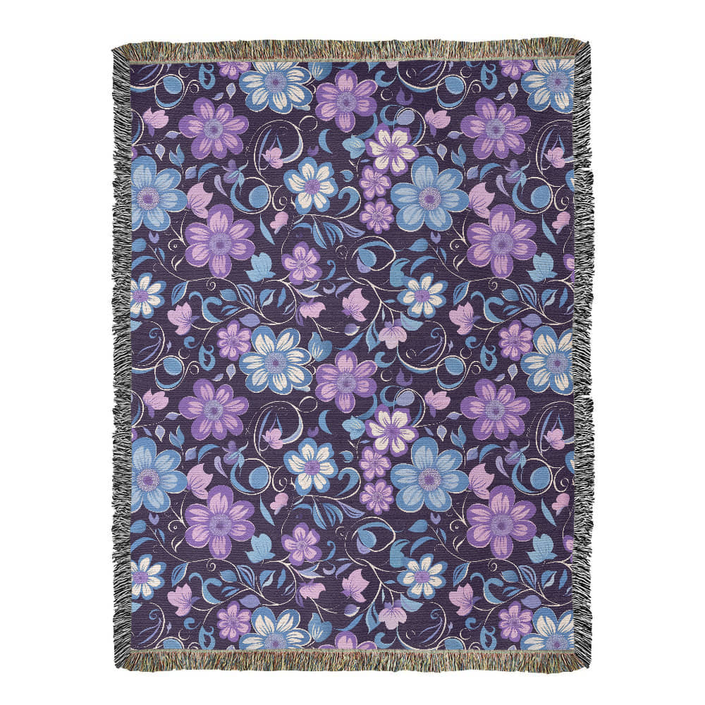 Blue And Purple Floral Pattern 003 - 60" x 80" Heirloom Woven Blanket