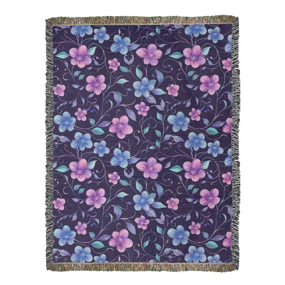 Blue And Purple Floral Pattern 026 - 60" x 80" Heirloom Woven Blanket