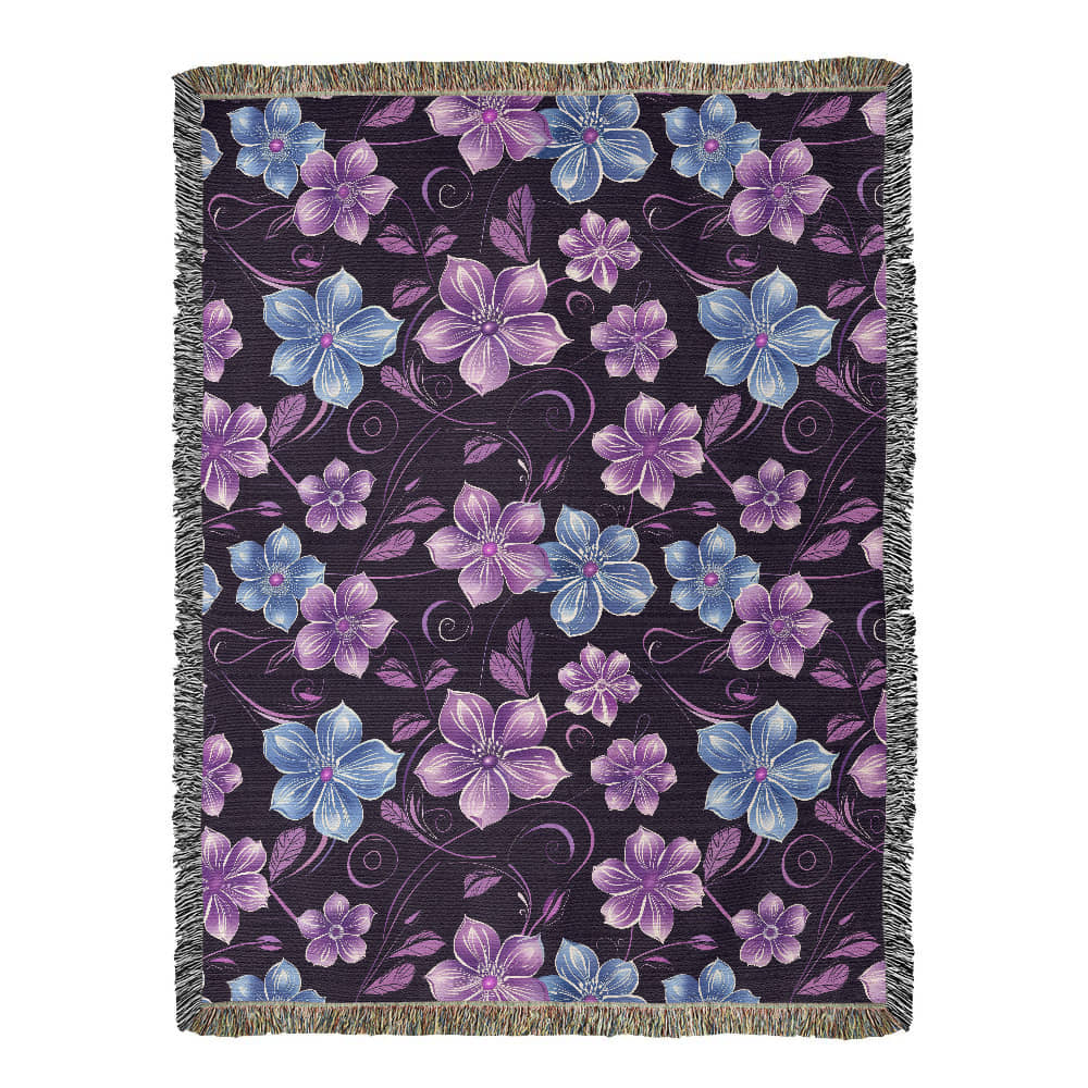 Blue And Purple Floral Pattern 009 - 60" x 80" Heirloom Woven Blanket
