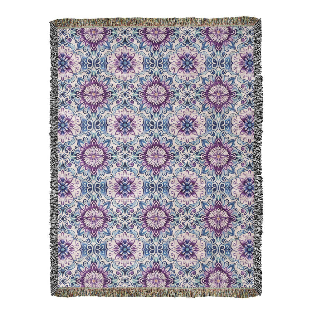 Blue And Purple Floral Pattern 020 - 60" x 80" Heirloom Woven Blanket