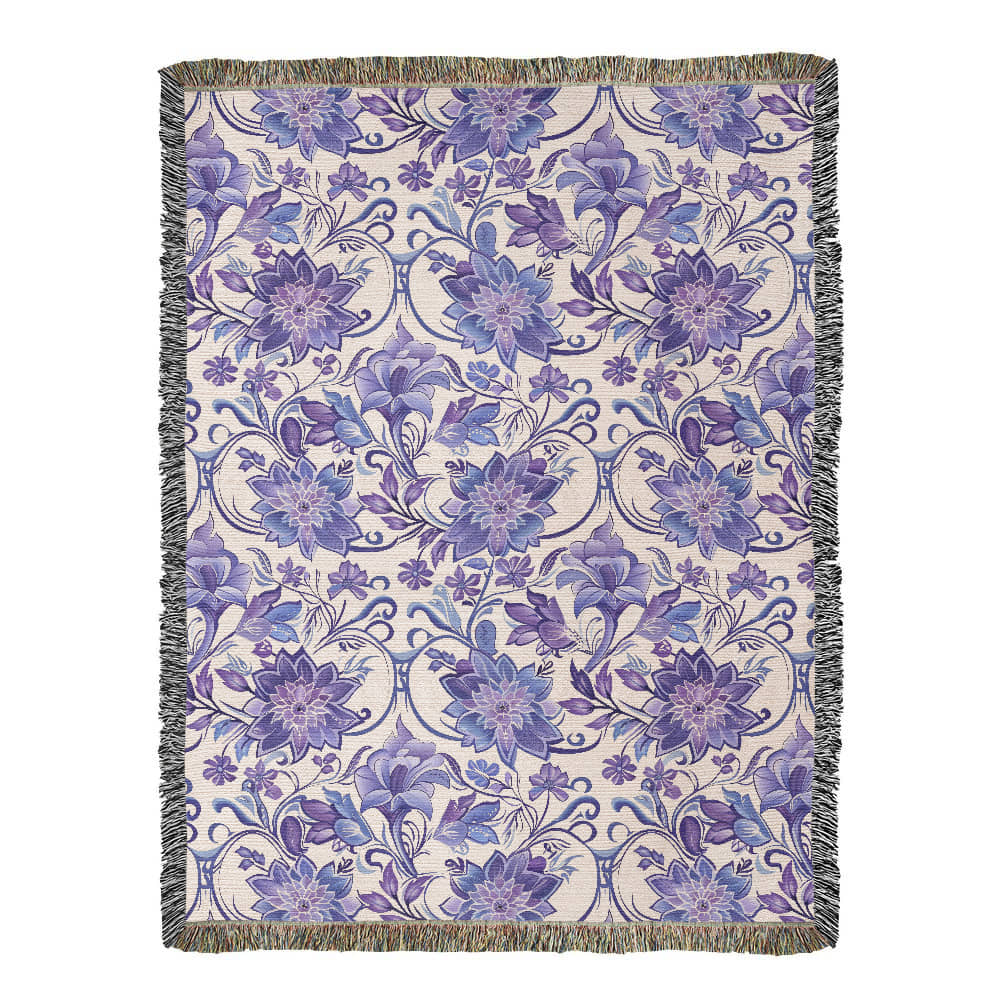 Blue And Purple Floral Pattern 004 - 60" x 80" Heirloom Woven Blanket