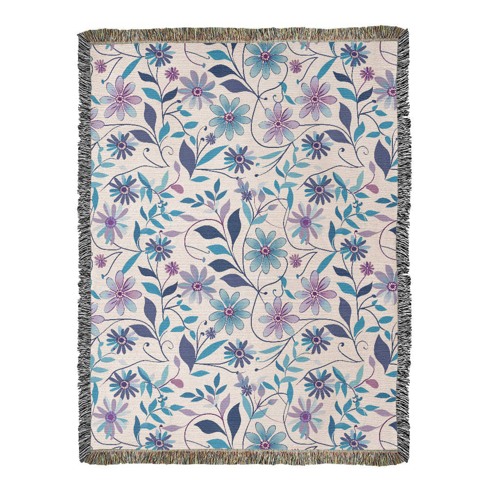 Blue And Purple Floral Pattern 019 - 60" x 80" Heirloom Woven Blanket