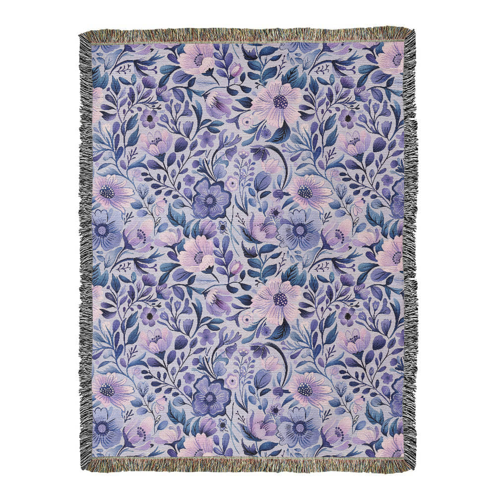 Blue And Purple Floral Pattern 017 - 60" x 80" Heirloom Woven Blanket