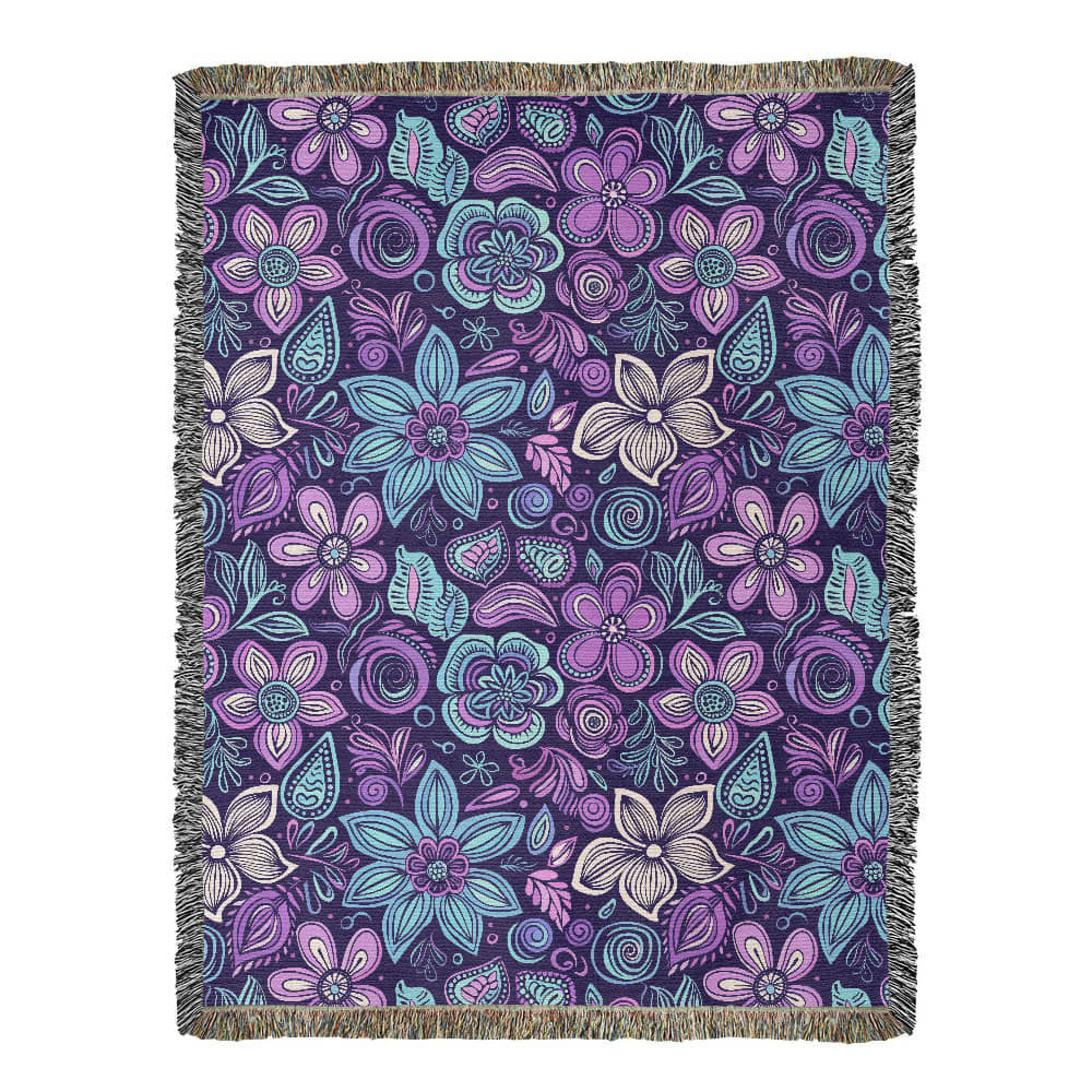 Blue And Purple Floral Pattern 005 - 60" x 80" Heirloom Woven Blanket