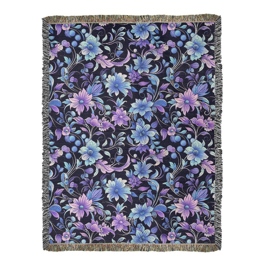 Blue And Purple Floral Pattern 025 - 60" x 80" Heirloom Woven Blanket