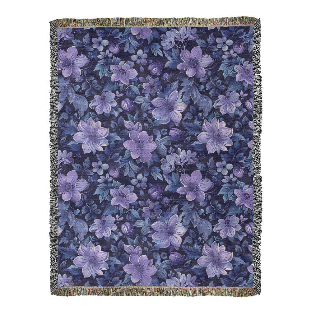 Blue And Purple Floral Pattern 014 - 60" x 80" Heirloom Woven Blanket