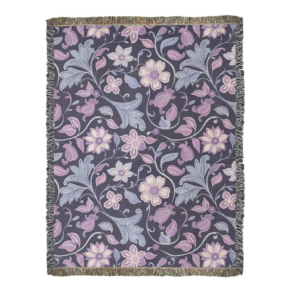 Blue And Purple Floral Pattern 008 - 60" x 80" Heirloom Woven Blanket