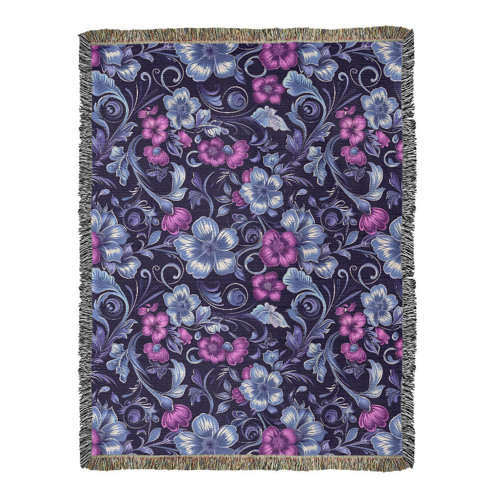 Blue And Purple Floral Pattern 013 - 60" x 80" Heirloom Woven Blanket