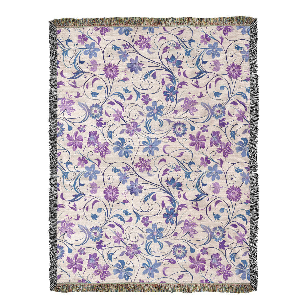Blue And Purple Floral Pattern 012 - 60" x 80" Heirloom Woven Blanket