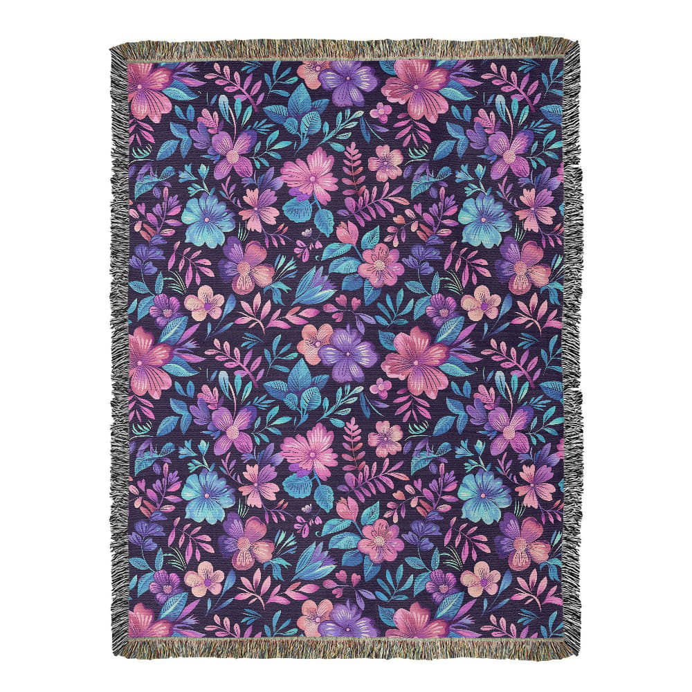 Blue And Purple Floral Pattern 015 - 60" x 80" Heirloom Woven Blanket