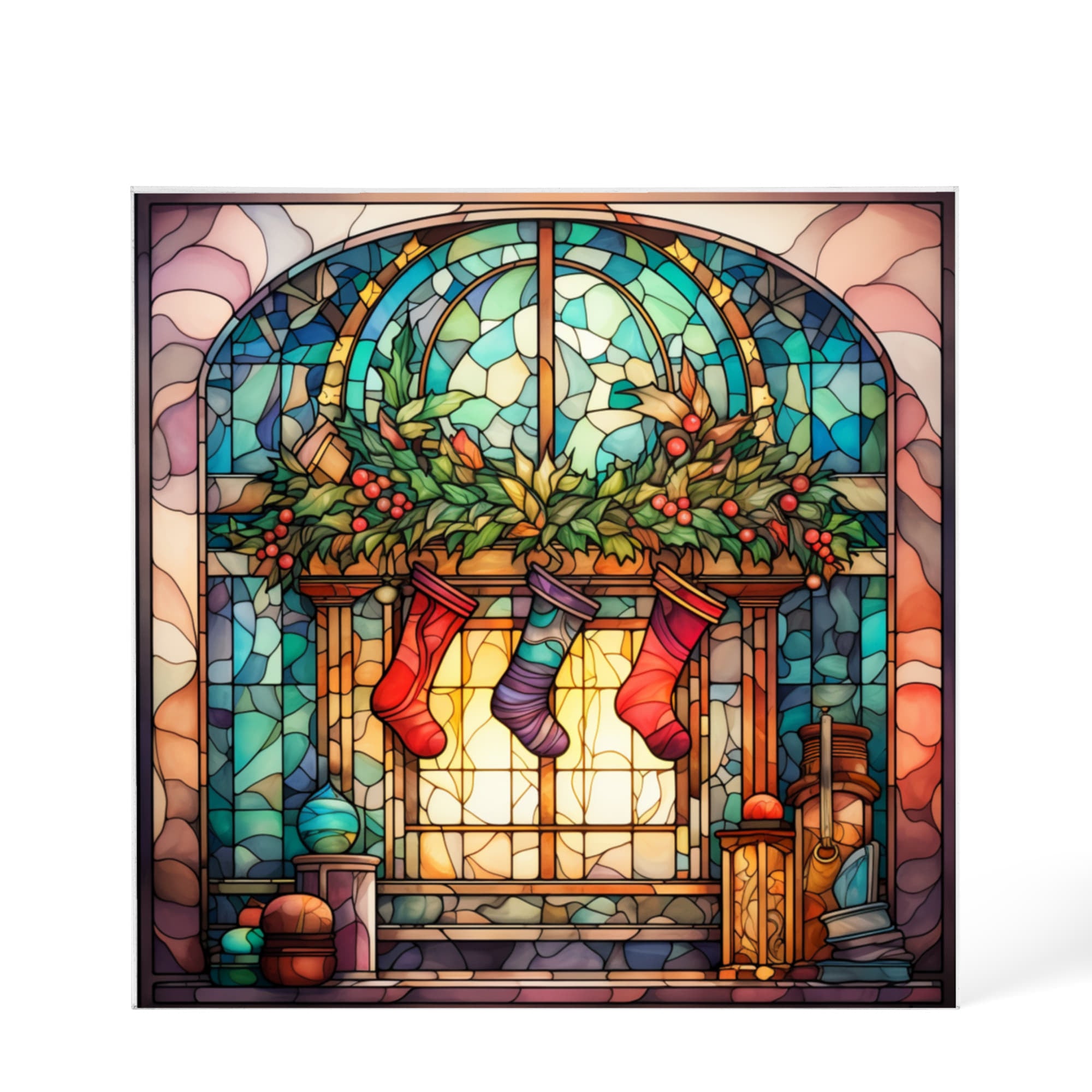 Christmas Stained Glass Style Design 015 - 6" x 6" Acrylic Block
