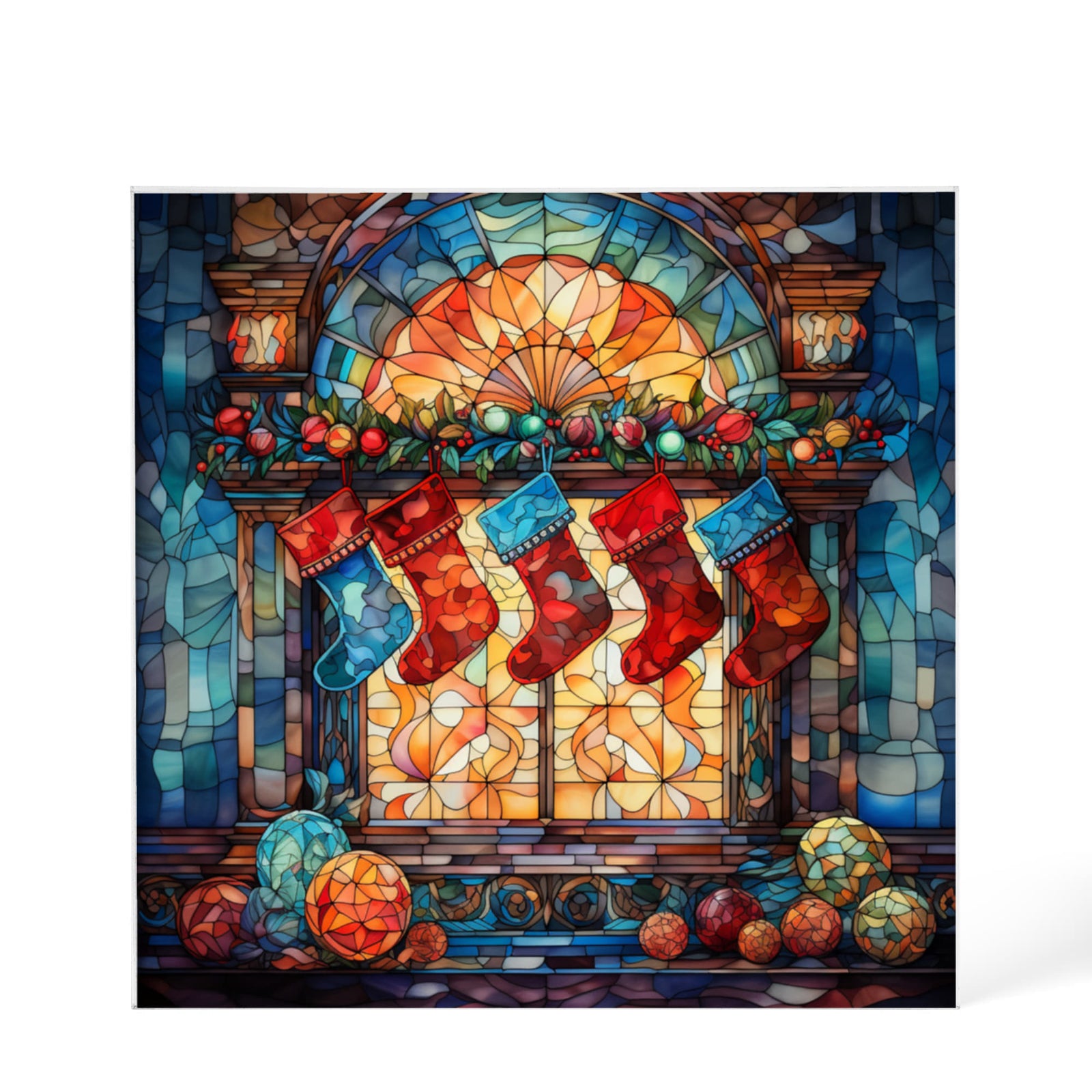 Christmas Stained Glass Style Design 005 - 6" x 6" Acrylic Block