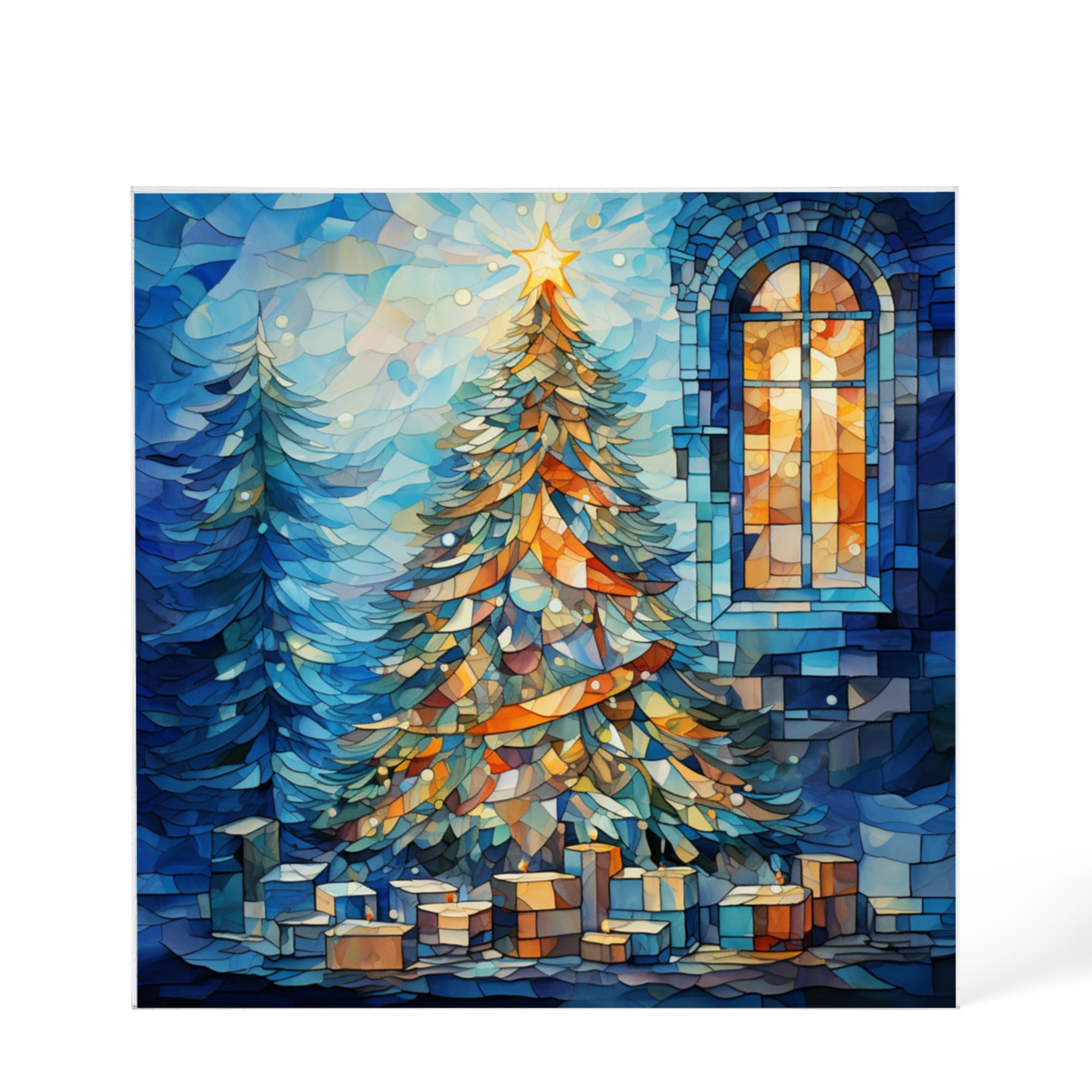 Christmas Stained Glass Style Design 020 - 6" x 6" Acrylic Block