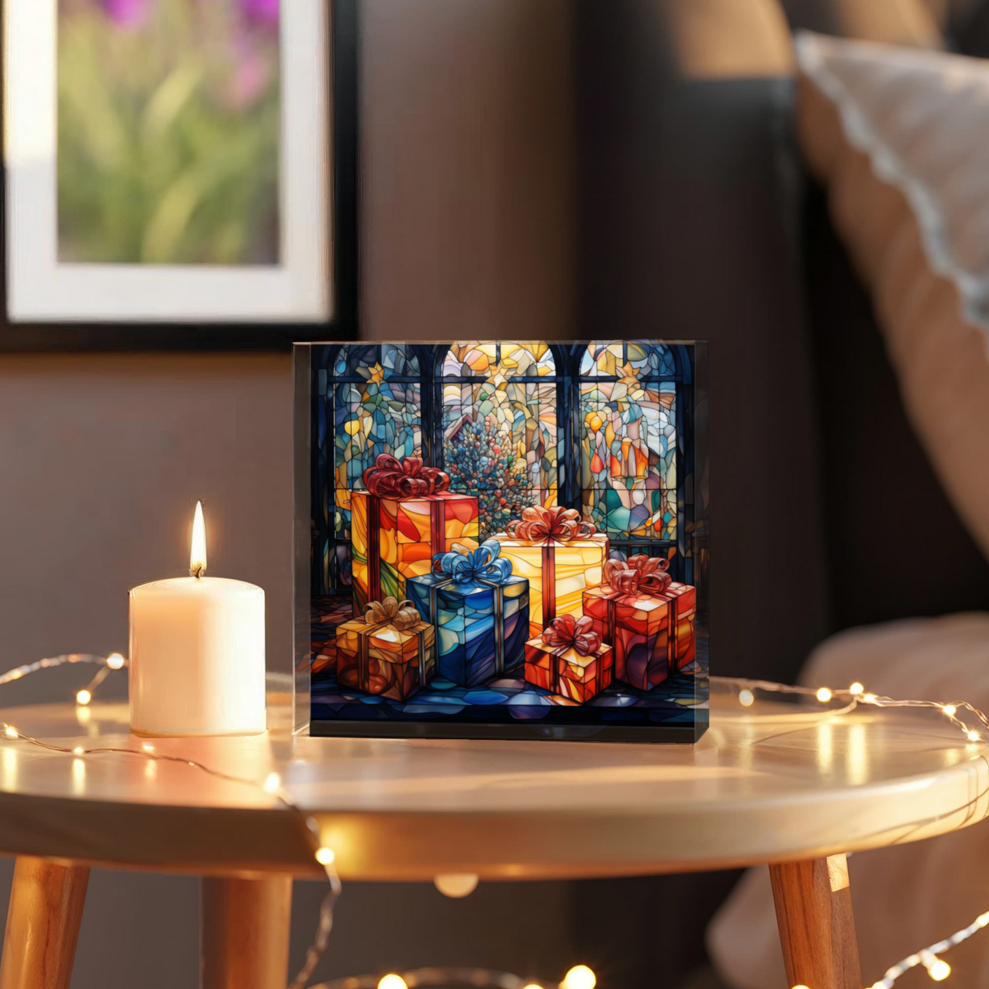 Christmas Stained Glass Style Design 008 - 6" x 6" Acrylic Block