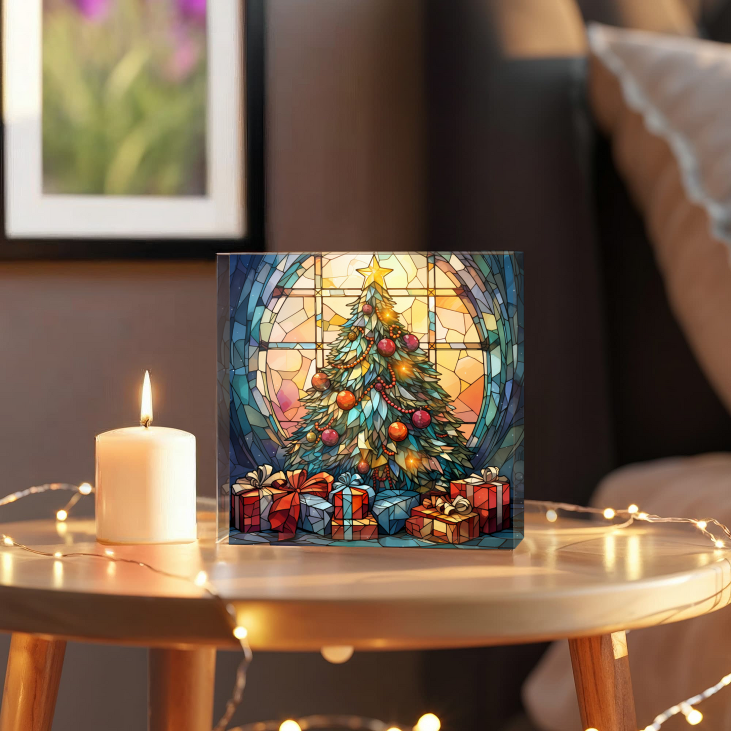Christmas Stained Glass Style Design 011 - 6" x 6" Acrylic Block
