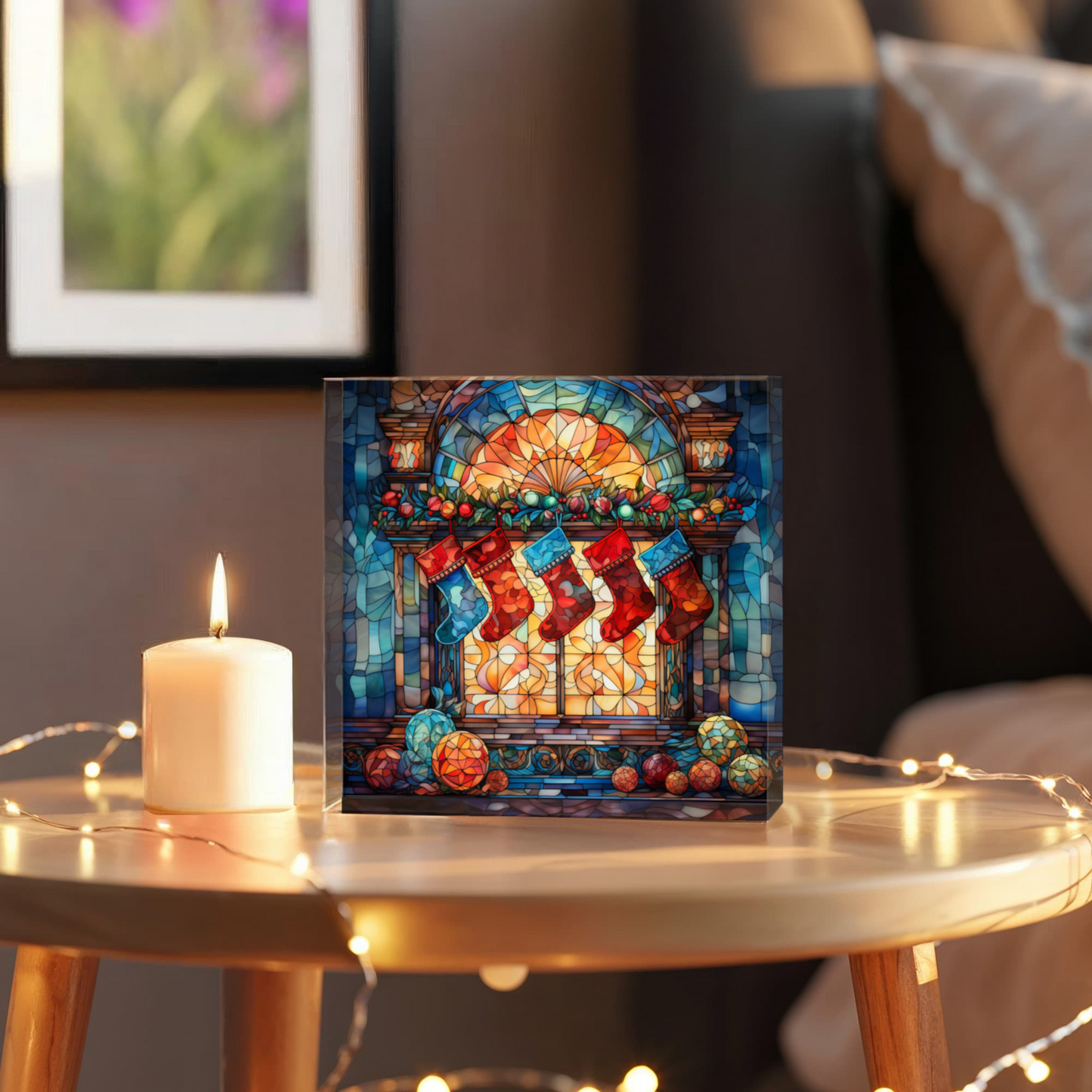 Christmas Stained Glass Style Design 005 - 6" x 6" Acrylic Block