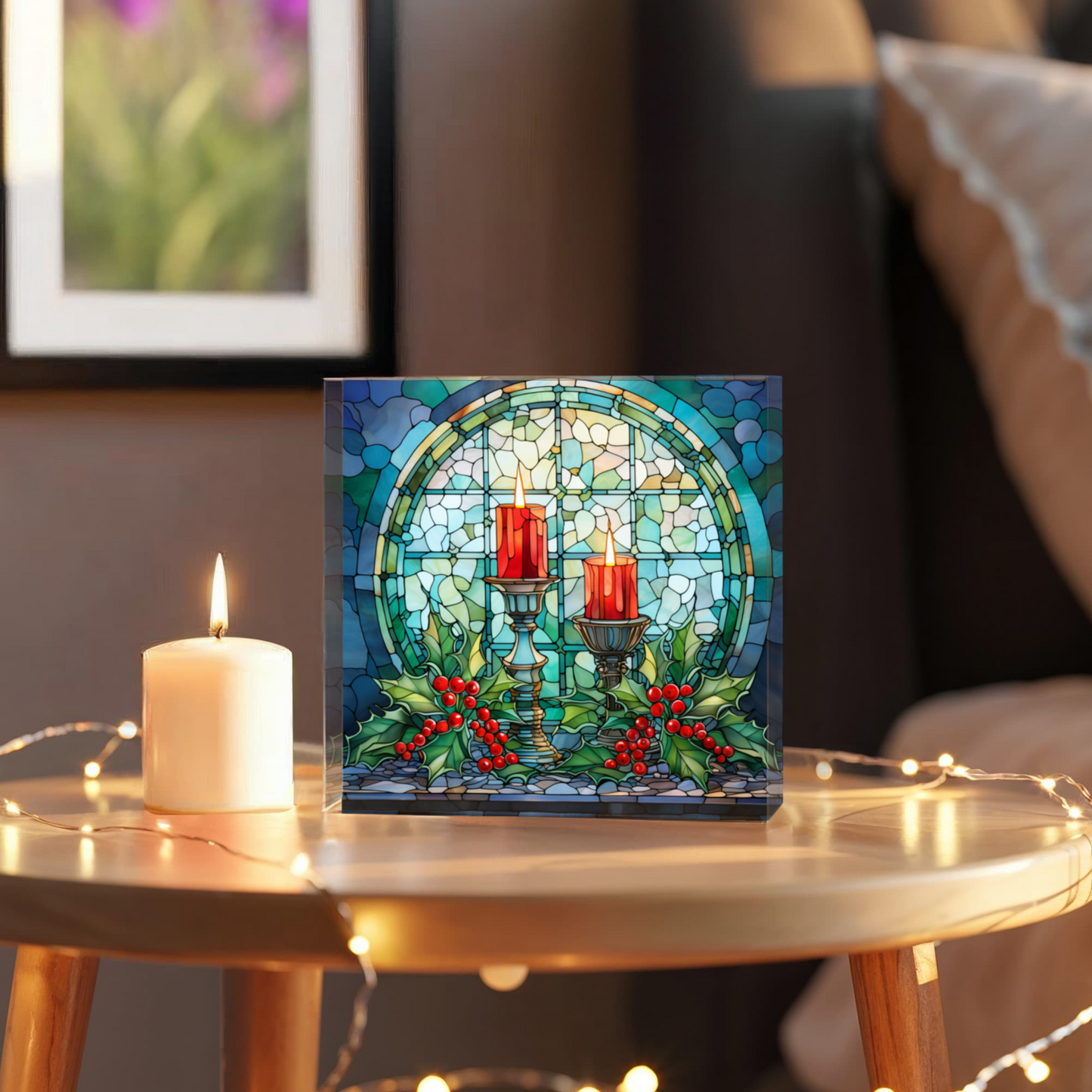 Christmas Stained Glass Style Design 016 - 6" x 6" Acrylic Block