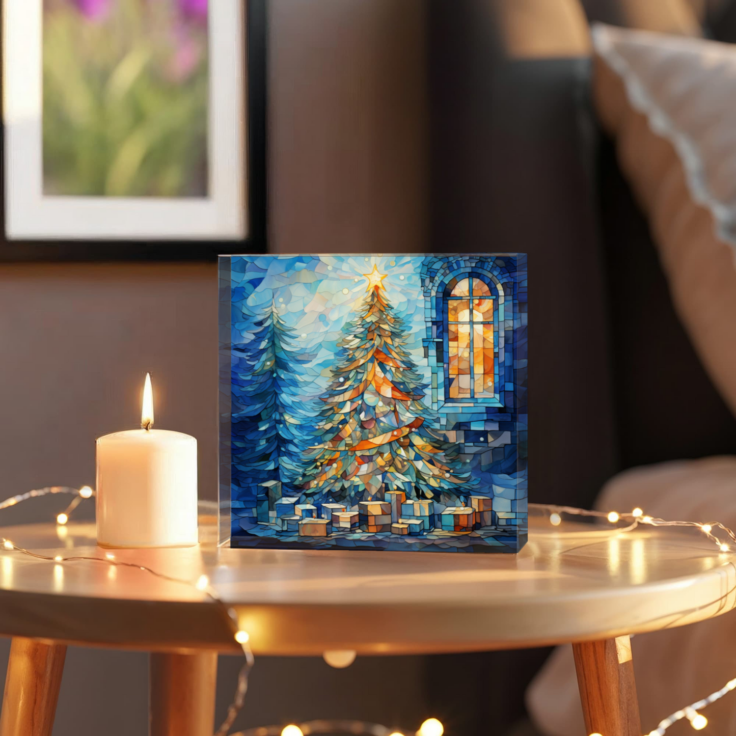 Christmas Stained Glass Style Design 020 - 6" x 6" Acrylic Block