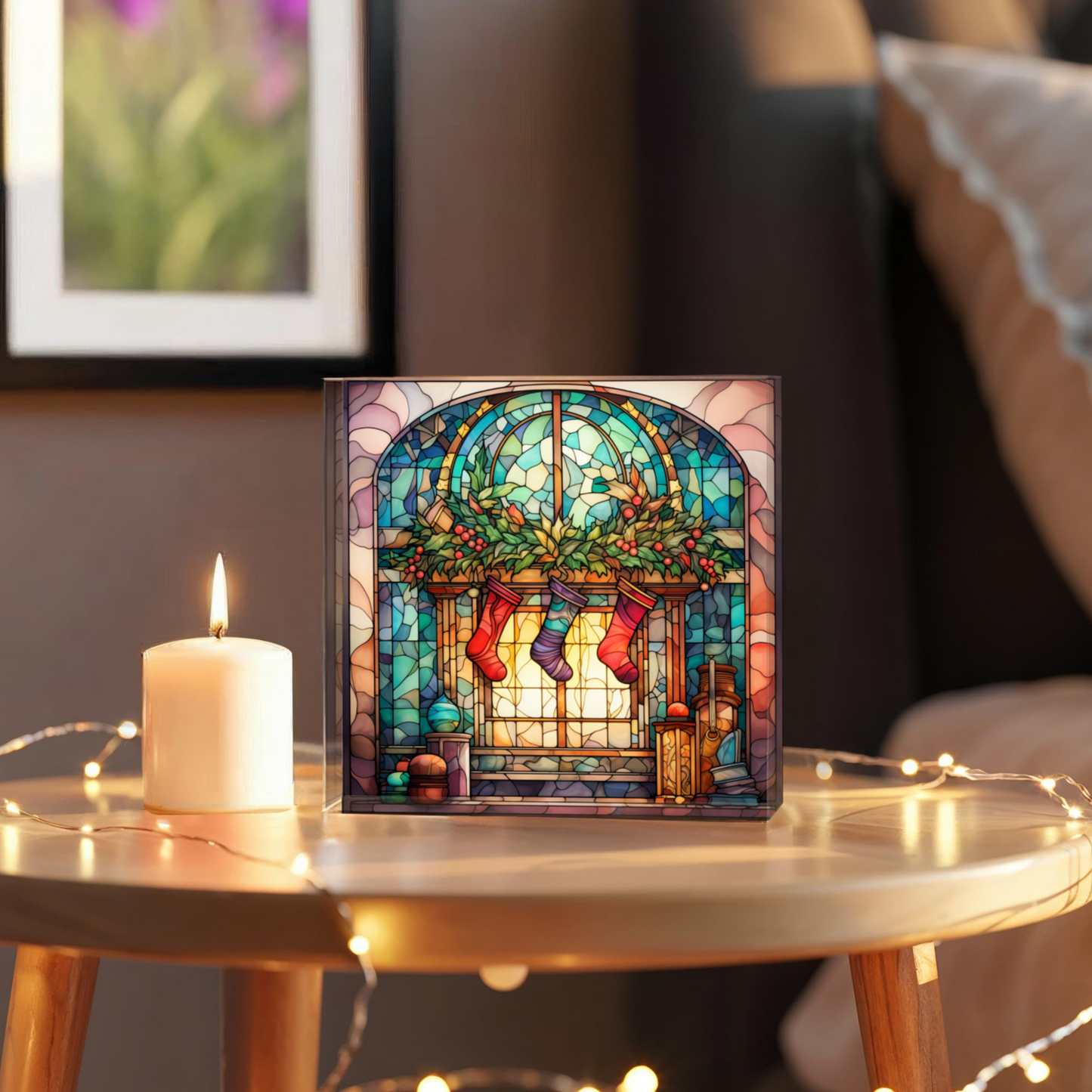 Christmas Stained Glass Style Design 015 - 6" x 6" Acrylic Block
