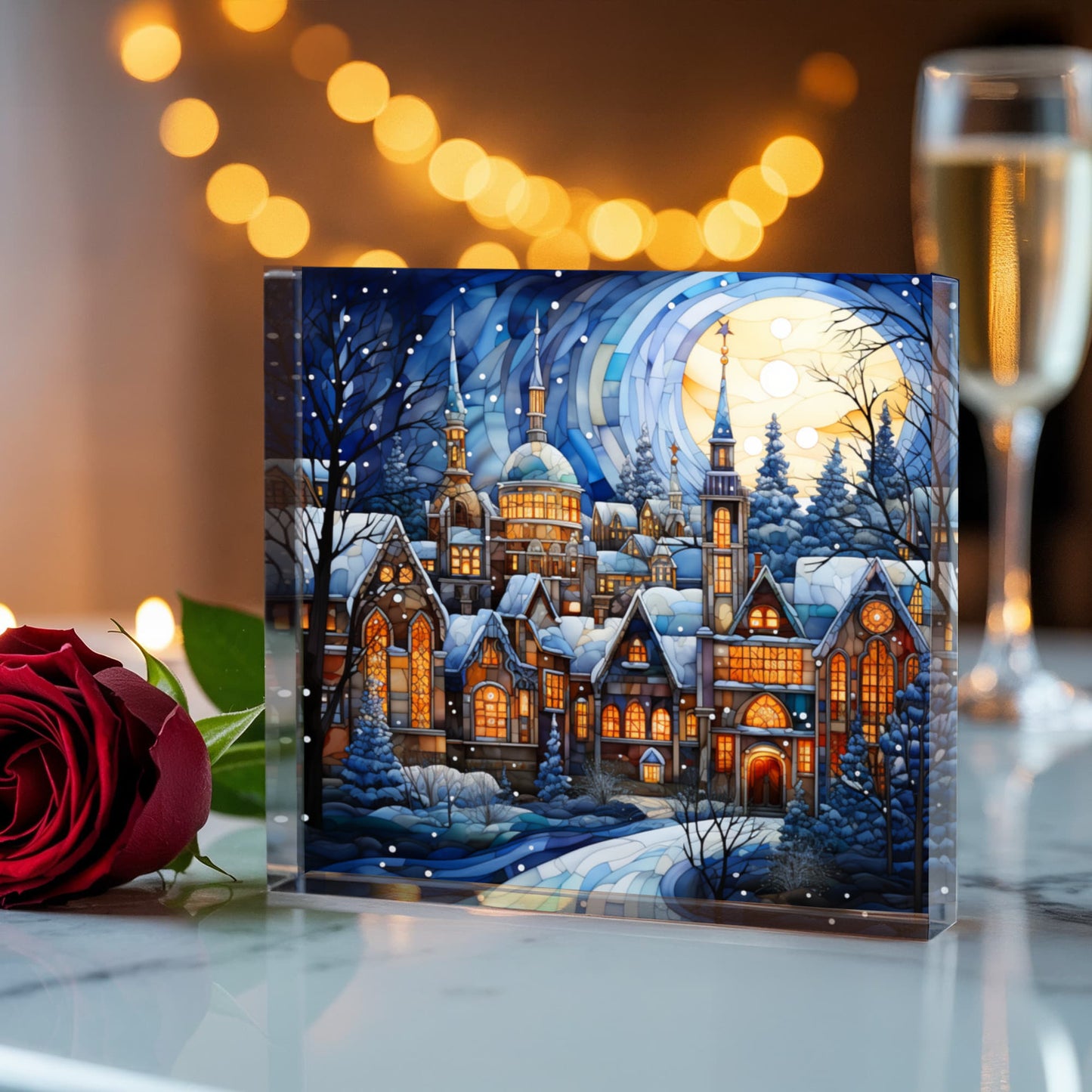 Christmas Stained Glass Style Design 028 - 6" x 6" Acrylic Block