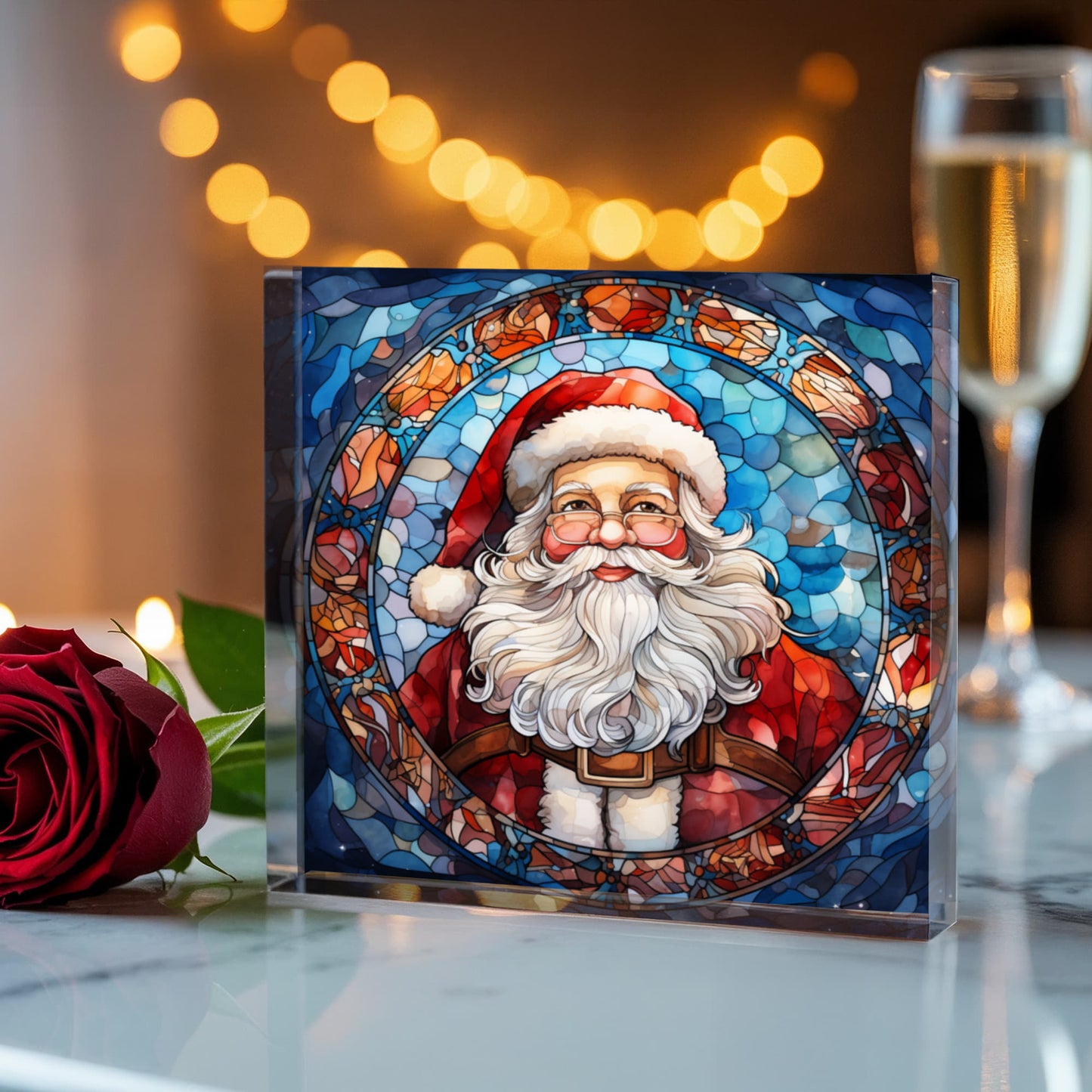 Christmas Stained Glass Style Design 013 - 6" x 6" Acrylic Block