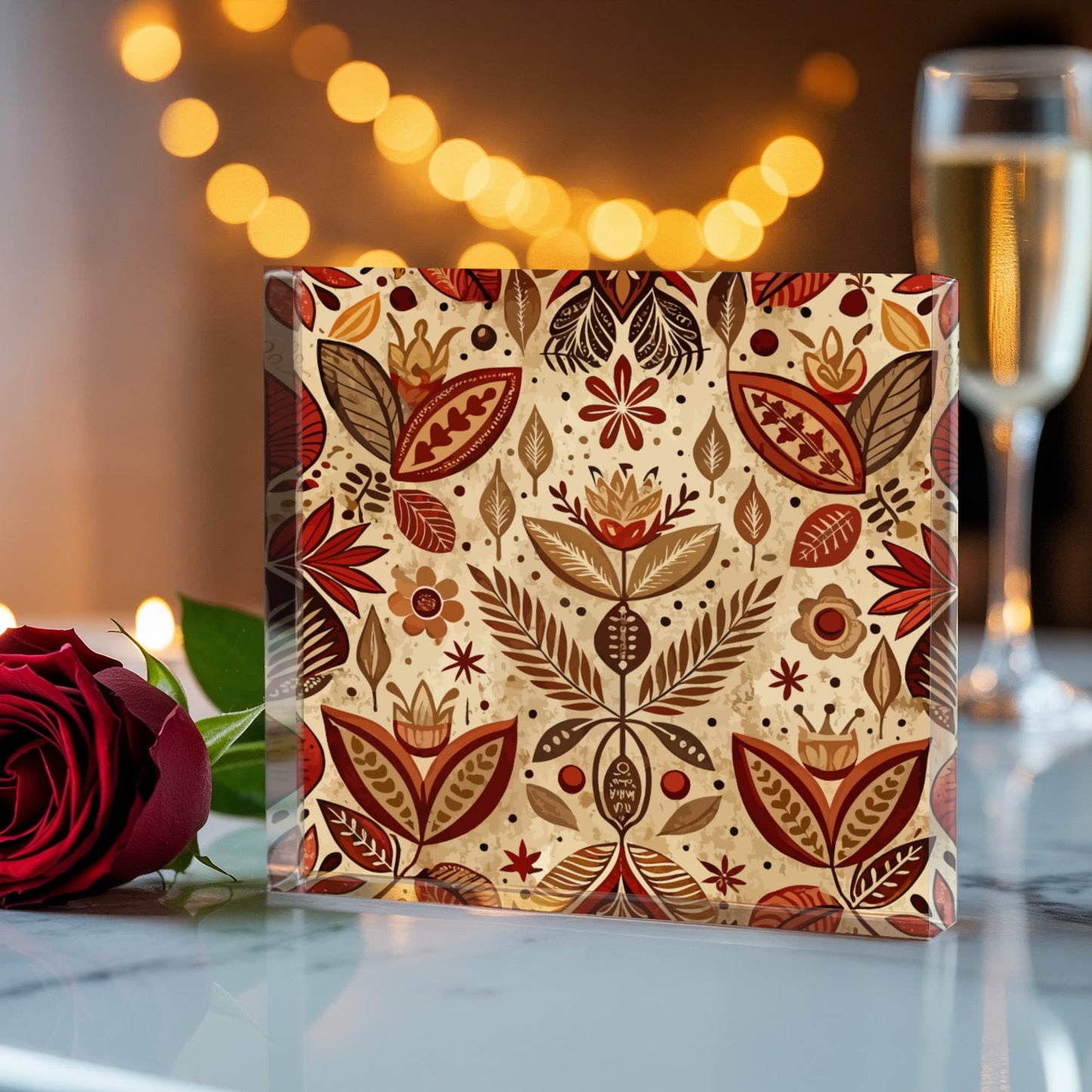 Folk Floral Pattern, Aztec Inspired 01 - 6" x 6" Acrylic Block
