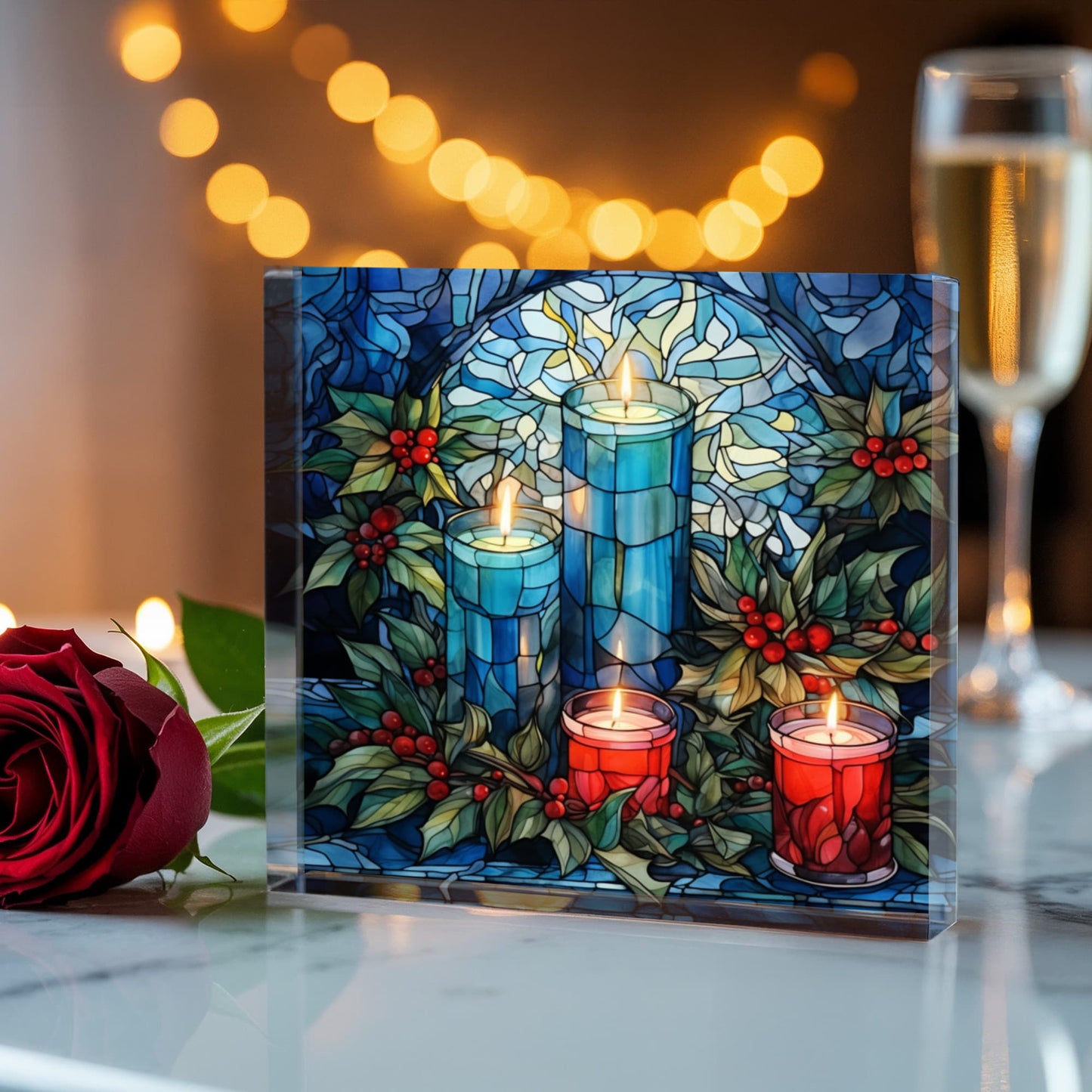 Christmas Stained Glass Style Design 025 - 6" x 6" Acrylic Block