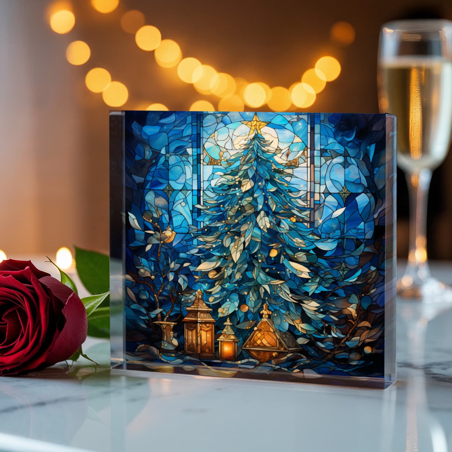Christmas Stained Glass Style Design 029 - 6" x 6" Acrylic Block