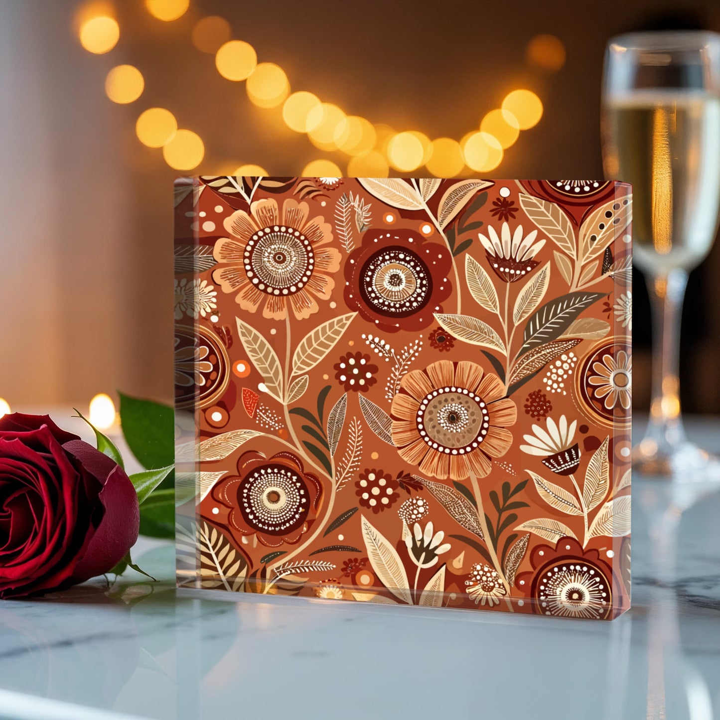 Folk Floral Pattern, Aboriginal Inspired 02 - 6" x 6" Acrylic Block