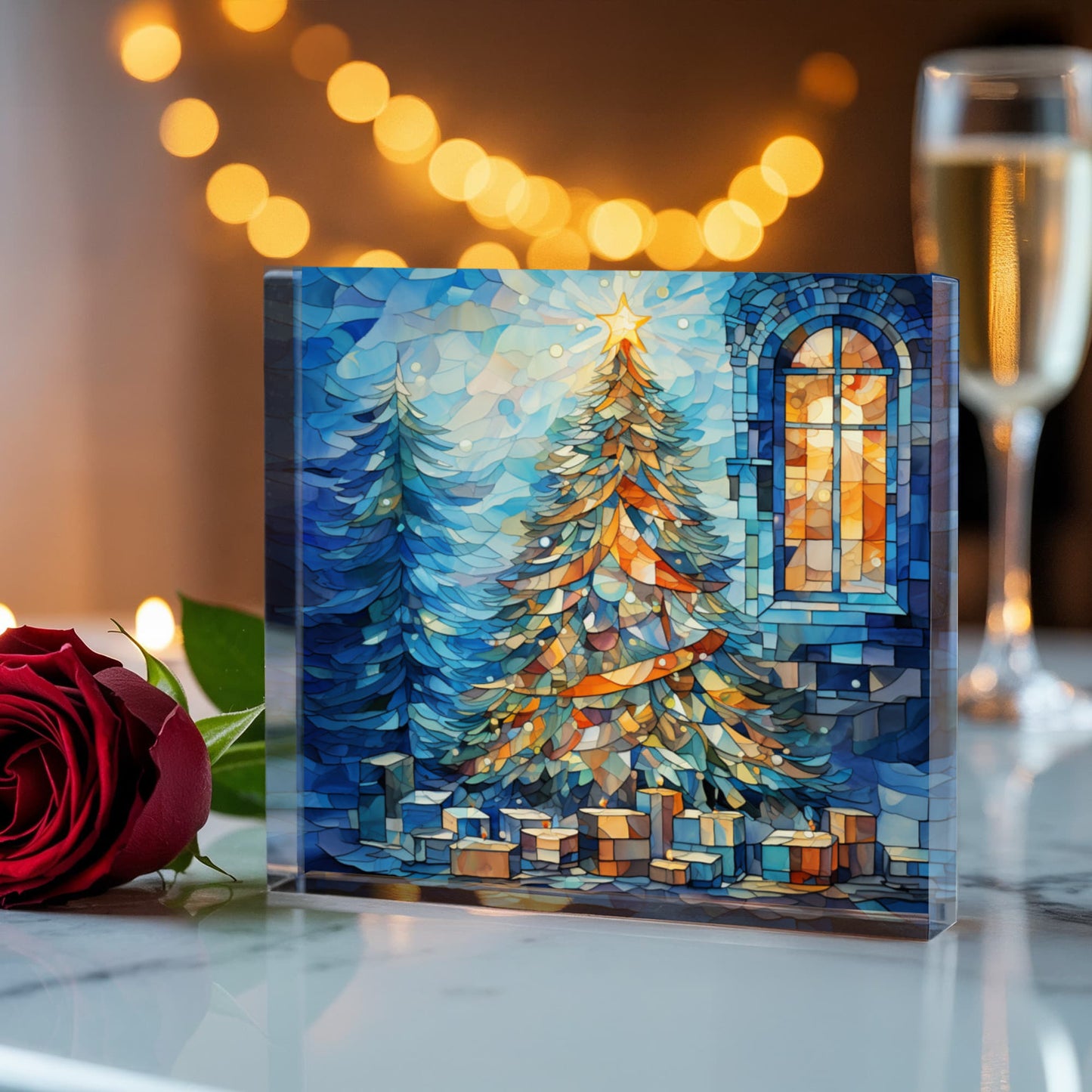 Christmas Stained Glass Style Design 020 - 6" x 6" Acrylic Block