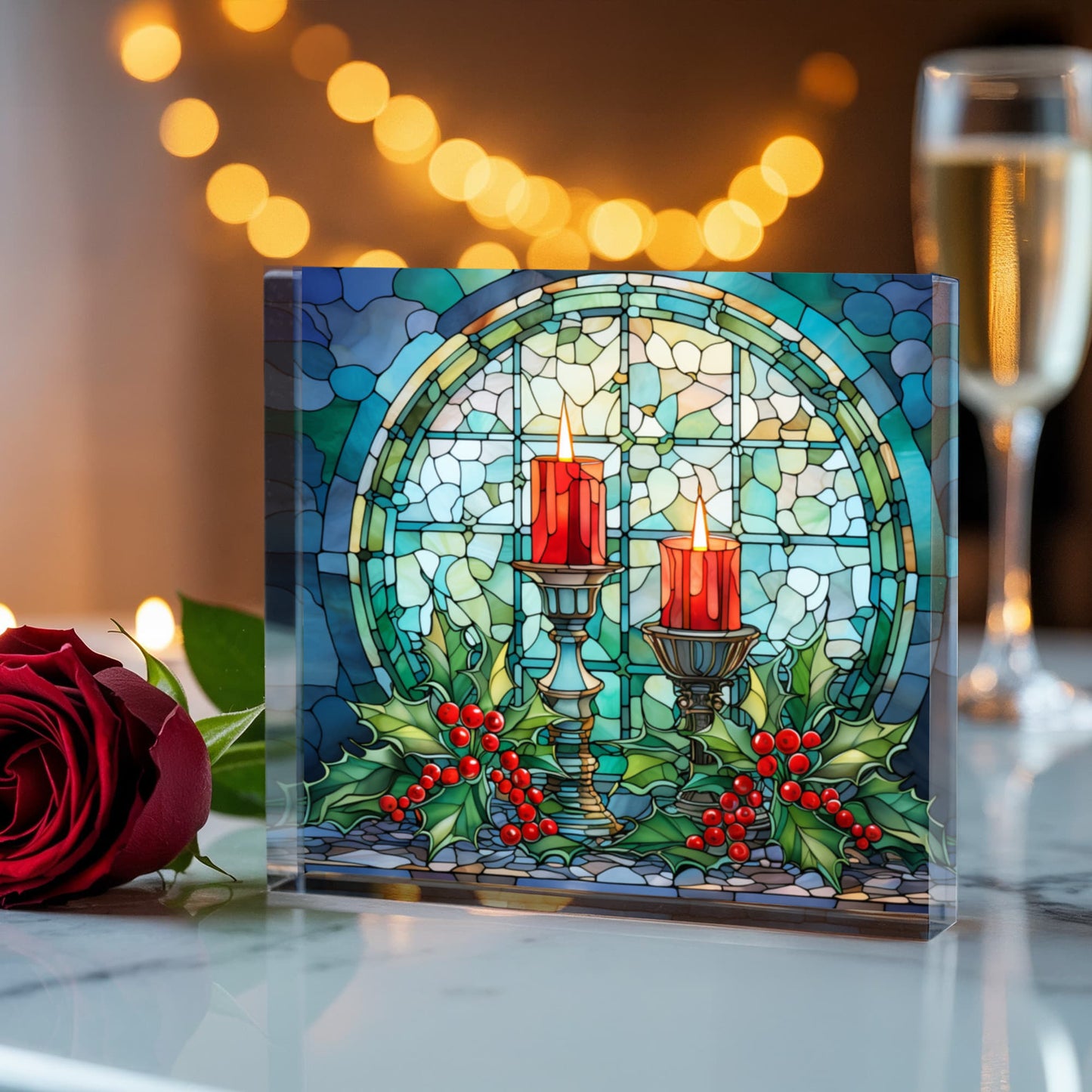Christmas Stained Glass Style Design 016 - 6" x 6" Acrylic Block